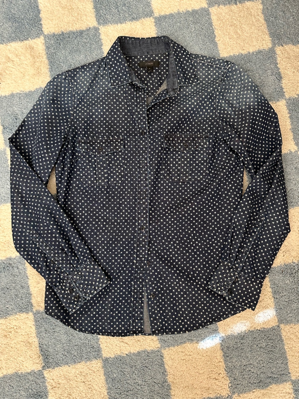 J. Crew Dark Denim Printed Star Button Down Women Shirt Small